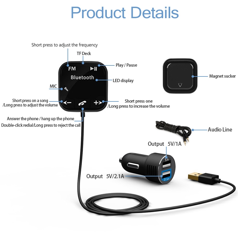 Bluetooth Auto Mp3-speler Draadloze Fm-zender Carkit Handen gratis magnetische basis met dual usb autolader voor iphone samsung