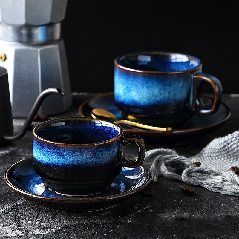 Fashionable porcelain craftsman ceramic coffee cup and dish set breakfast cup afternoon tea Japanese simple Blue