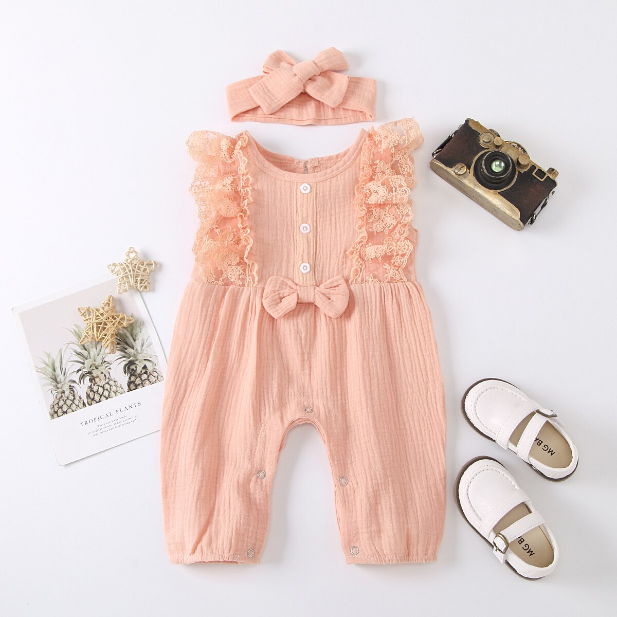 Baby Girl Cotton Linen Romper Two-piece Clothes Set Sleeveless Round Collar Jumpsuit Headdress Pink/ White/ Purple/ Green/Yellow