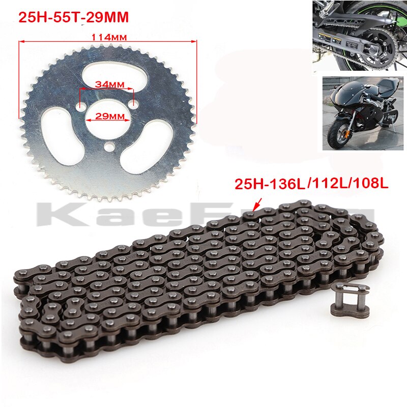 Piezas de motor de 2 tiempos de 47cc y 49cc, 25H, 108 o 112 eslabones, bucles de cadena y piñón trasero de 55T y 29 de diámetro interno: 108 links chain set