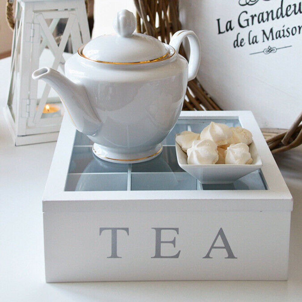 Portable Bamboo Tea Box With Lid 9-Compartment Coffee Tea Bag Storage Holder For Kitchen Cabinets Organizer