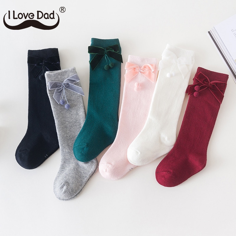 Śliczne skarpetki dziecięce Bowknot jesienne zimowe dziecięce skarpety robić kolan jednokolorowe miękkie bawełniane niemowlę maluch długie skarpetki