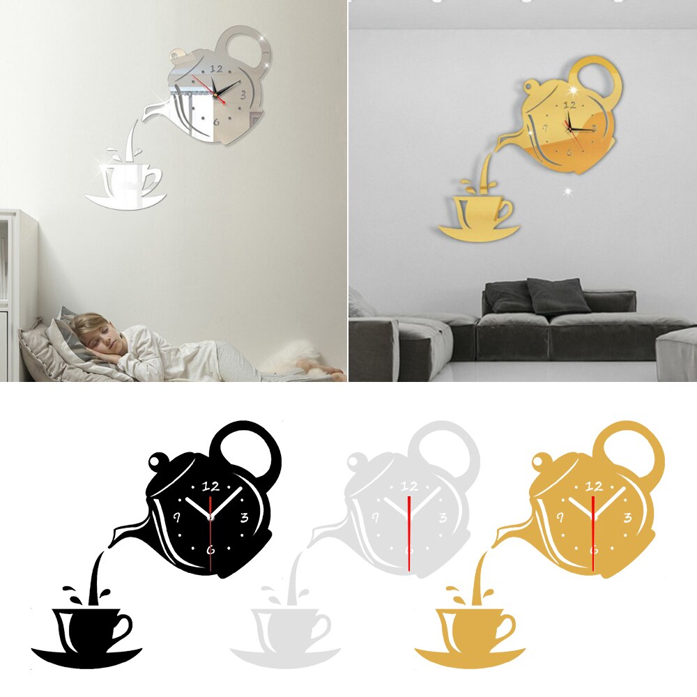 Diy Acrylic Coffee Cup Teapot 3D Mirror Wall Clock Decorative Kitchen Wall Clocks Living Room Home Decor Clock