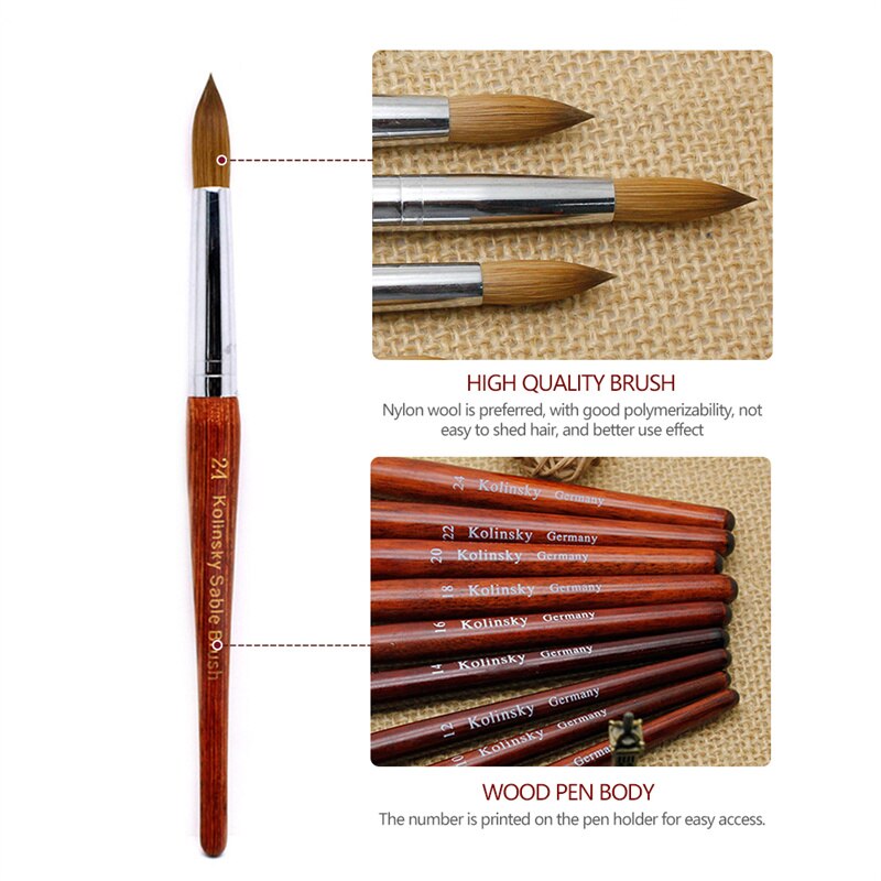 Kolinsky Round Sharp Nail Tool Wood Handle Size 8/10/12/14/16/18/20/22/24 Painting Nail Acrylic Brush
