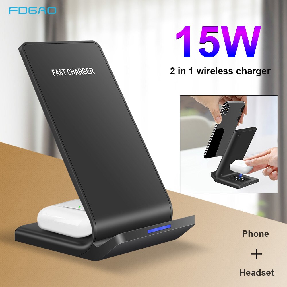 Fdgao 15W 2 In 1 Draadloze Oplader Stand Voor Iphone 11 Xs Xr X 8 Airpods Pro Qi Snelle opladen Houder Voor Samsung S9 S10 S20 Knoppen