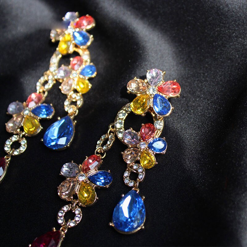 Colorful Zircon Crystals Long Women Earrings Dangle Earrings Jewelry for Bridal Wedding Luxury CZ Flowers Earrings Jewelry