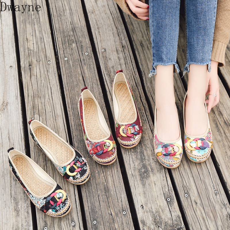 Lente En Herfst Handgemaakte Canvas Schoenen Nationale Wind Platte Ondiepe Mond Ronde Kop Enkele Schoenen Vrouwen