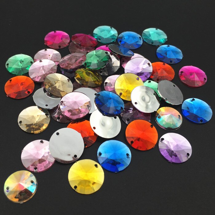 14mm 50 stuks Ronde Naaien Acryl Rhinestone Naai Op Punt Facet Kristallen Plaksteen Twee Gaten Rivoli Naai-On kledingstuk Stenen