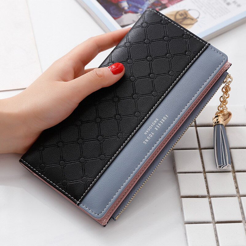 estilo ! Billetera larga para mujer estilo coreano, tarjetero de , más billetera con borlas, monedero genial para estudiantes: Black