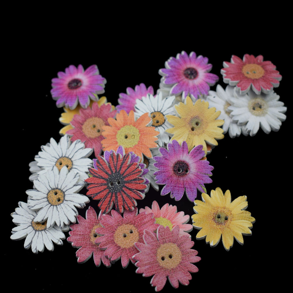 50 Stuks 25Mm Zonnebloem Willekeurige Mixed Flower Geschilderd Houten Knopen Decoratieve Knopen Voor Naaien Scrapbooking Ambachten Diy Craft