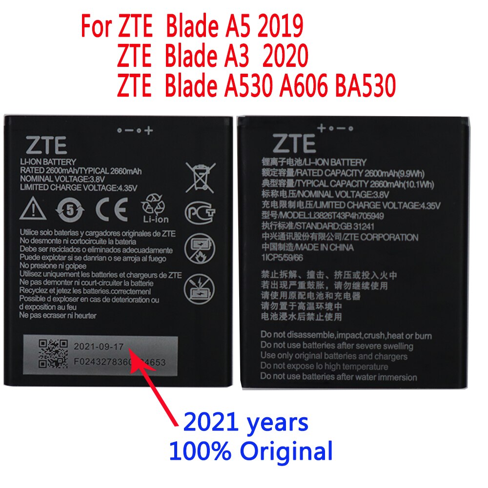 Original 2660mAh Li3826T43P4h705949 Battery For ZTE Blade A5 A3 A530 A606 BA530 BA606 Mobile Phone Batteries