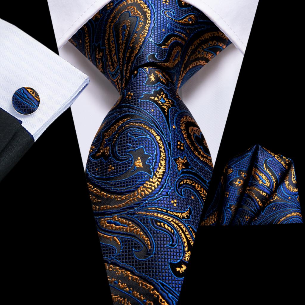 Business Navy Blue Gold Paisley Silk Wedding Tie For Men Handky Cufflink Mens Necktie Party Hi-Tie: Default Title