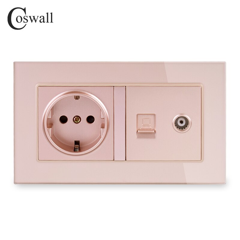 COSWALL EU Standard Wall Socket + Female TV Jack With Internet Computer Data RJ45 CAT5E Connector Tempered Crystal Glass Panel