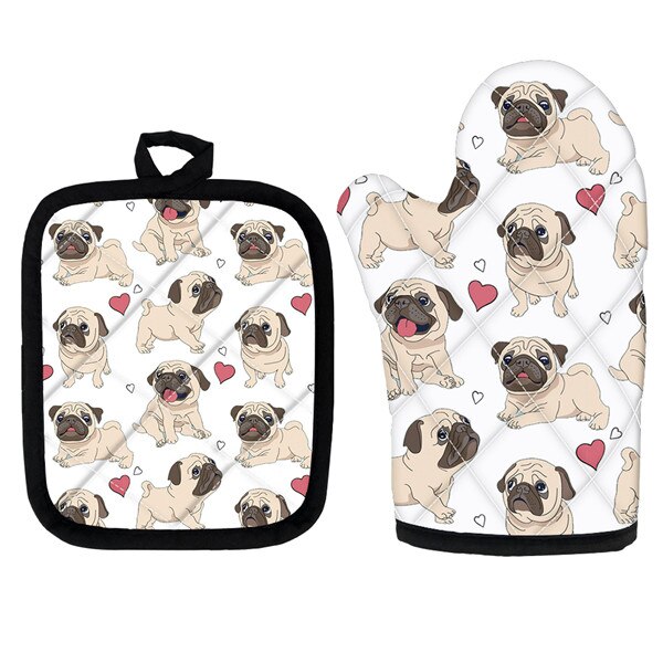 Söt mops hund rosa mikrovågsugn isoleringshandskar tjocka mjuka polyester kök anti tillbehör för husmanskost mattor: Hth 0685 d 19