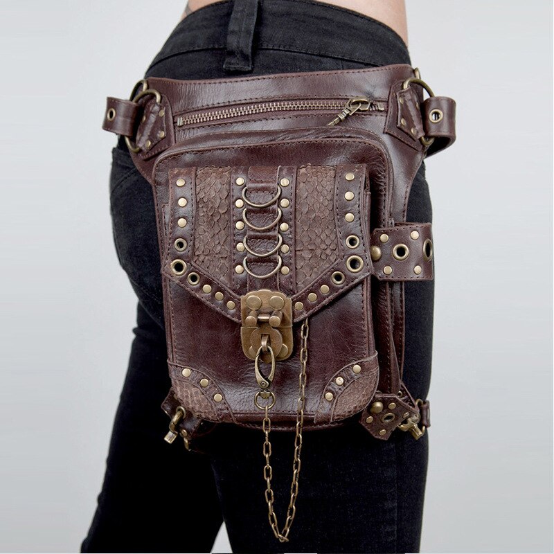 Vintage Steampunk Bag Steam Punk Retro Rock Gothic Retro bag Goth Shoulder Waist Bags Packs Victorian Style Women Men leg bag: Brown-HG043