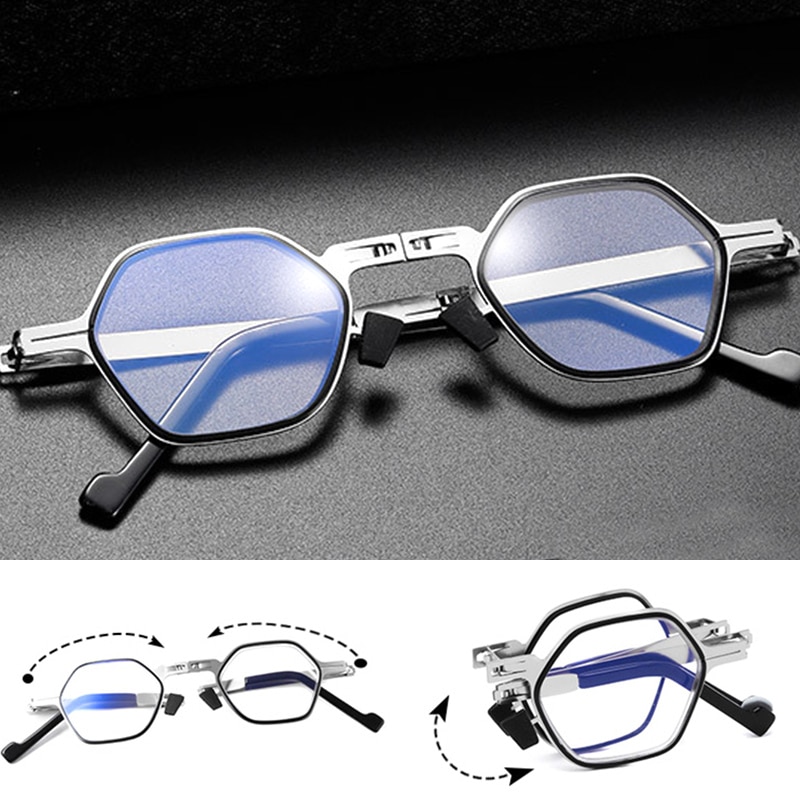 Modieuze Mini Vouwen Leesbril Mannen Vrouwen Anti-Blauw Licht Verziend Glazen Opvouwbare Hexagon Volledige Metalen Frame