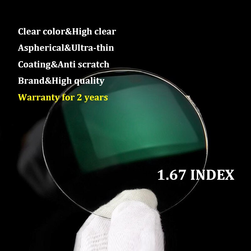1.67 indeks nærsynthet og hyperopi reseptbelagte linser, merke anti-ripebelegg asfærisk optisk linse enkeltsyn antirefleks