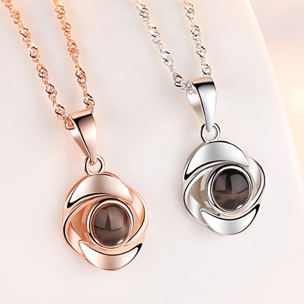 Rose Hanger Ketting - 17x20mm Hartvorm - 100 Talen 'Ik Hou Van Jou' Projectie - S925 Sterling Zilver