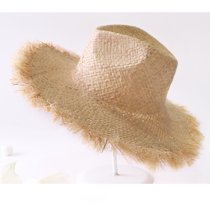 Sombreros de rafia tejidos a mano para mujer, sombrero de paja de ala grande con cordones, para playa y aire libre, color sólido, Simple, Verano