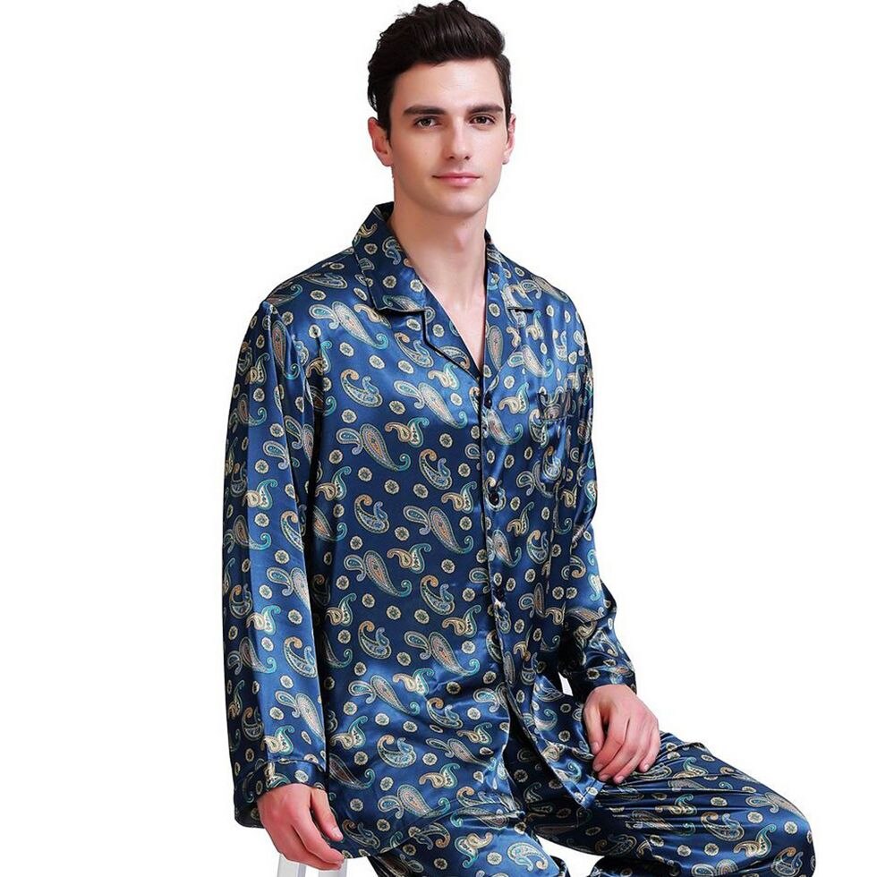 Herre silke satin pyjamas sæt pyjama pyjamas pjs nattøj sæt loungewear s, m, l, xl, xxl ,3xl,4xl: Mørkegrøn / L