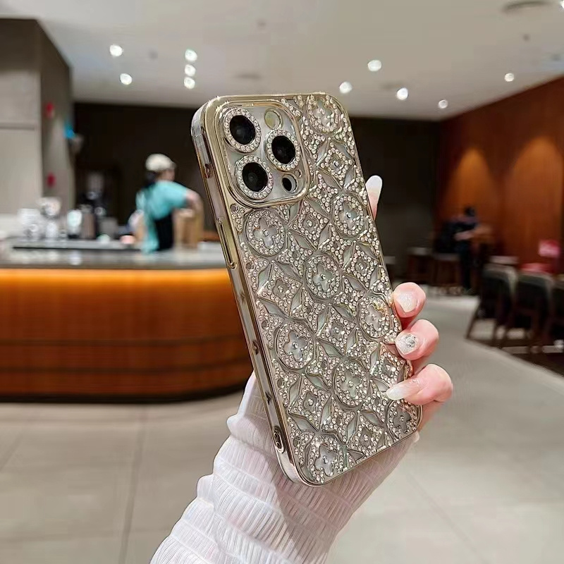 Modernt diamantformad blomma med fint hål i linsen, lämplig för iphone 15 14 13 12 11 pro max, stötdämpande bakstycke