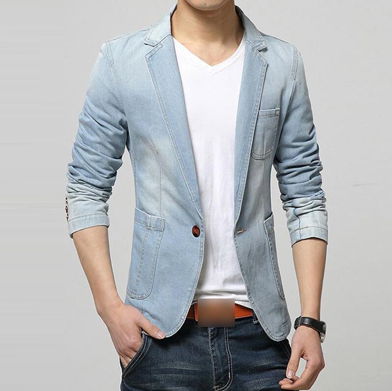 Blazer de de de otoño para hombres, trajes vaqueros de tendencia para hombres, chaqueta Casual de mezclilla para hombres, chaqueta de mezclilla ajustada para hombres: Light Blue / XL