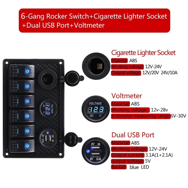 6 Gang Waterproof Marine Boat Rocker Switch Panel with LED Backlight for Car SUV Marine RV Truck Camper Boat