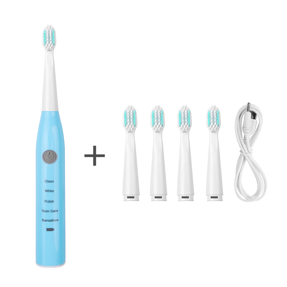 Ultralyds elektrisk tandbørste vibrationsblegning genopladelig mundhygiejneudskiftning 1+5 type tandbørstehoveder 5 tilstande: Blå