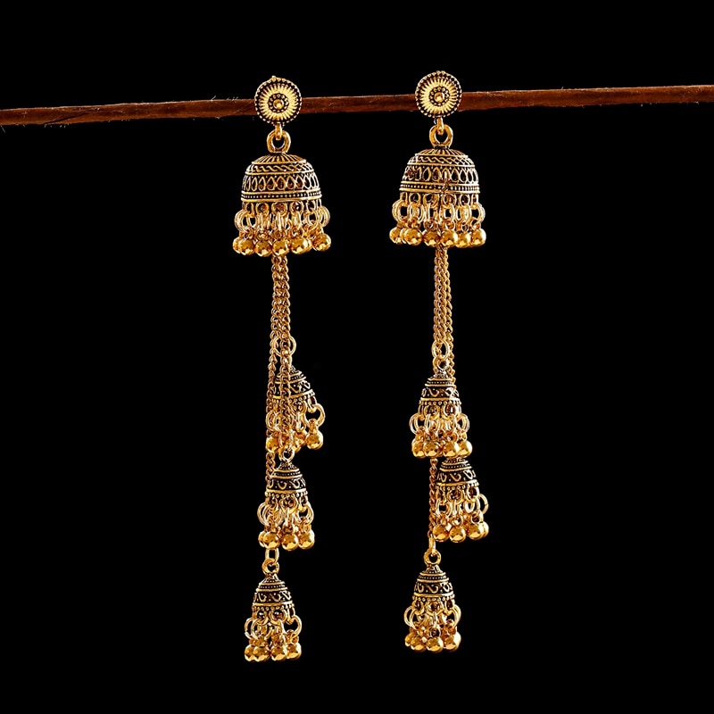 Ethnic Gold Afghan Long Tassel Bead Earrinngs Bollywood Jewellery Bell Jhumka Indian Earrings Wedding Jewelry