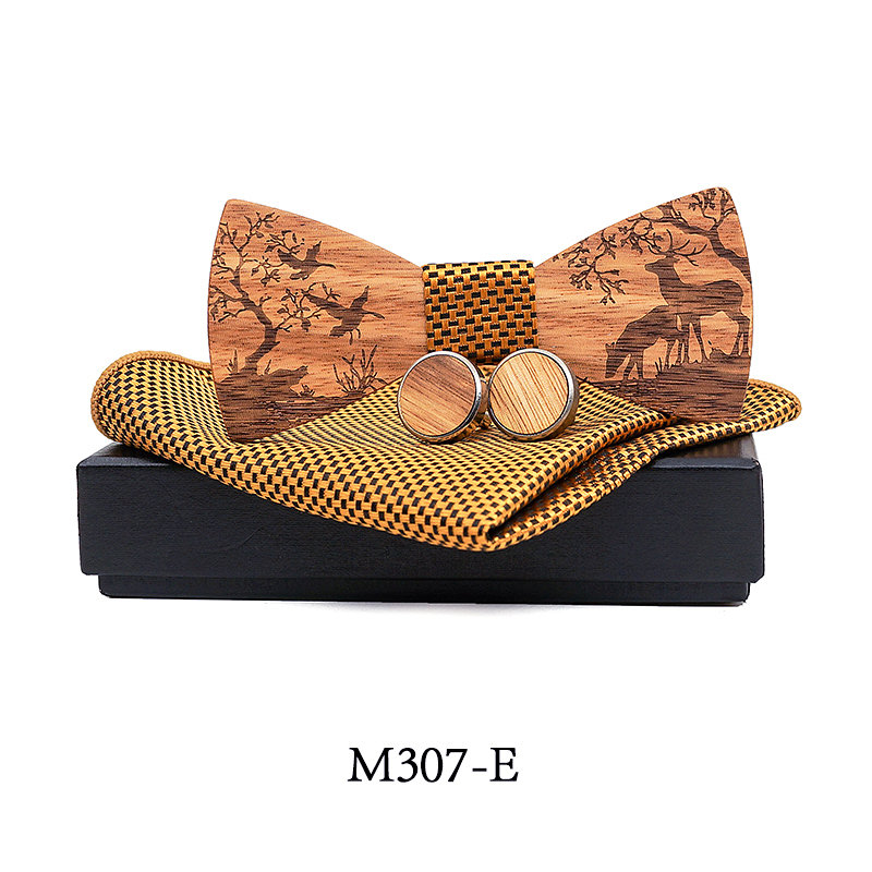 Conjunto de pajarita de madera + pañuelo + gemelos, pajaritas de madera Para el novio de boda, corbatas Para el hogar, bodas, alces de Navidad: M307-E