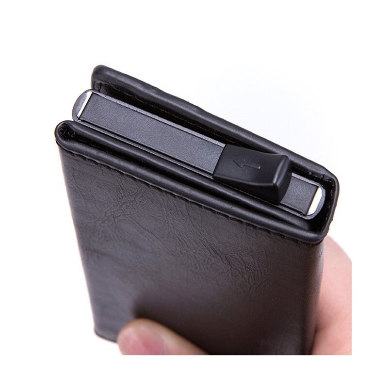 Cartera de cuero Pop Up funda de tarjeta imán de fibra de carbono monedero caja de aluminio Tarjeta de la cartera RFID hombres cartera titular de la tarjeta