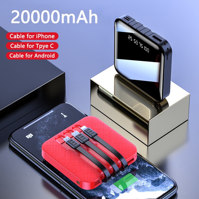 Powerbank 20000Mah Externe Batterij Draagbare Oplader Poverbank Met Kabel Led Light Voor Iphone 11 Samsung S20 Xiaomi Power Bank