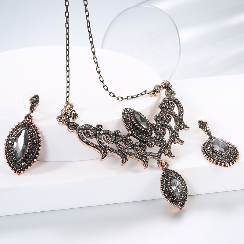 Kinel Luxe Grijs Kristal Bloem Vrouwen Oorbel Ketting Vintage Sieraden Sets Goud Kleur Turkse Strass Bruiloft Sieraden