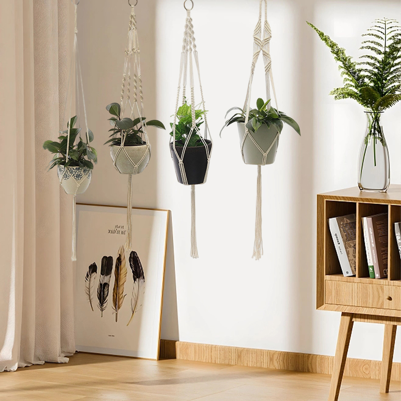 Makramee-Pflanze zum Aufhängen, Blumentopf, zum Aufhängen, Pflanzgefäß, Hängekörbe, handgefertigter Pflanzenhalter, Netz-Aufhänger für Wanddekoration