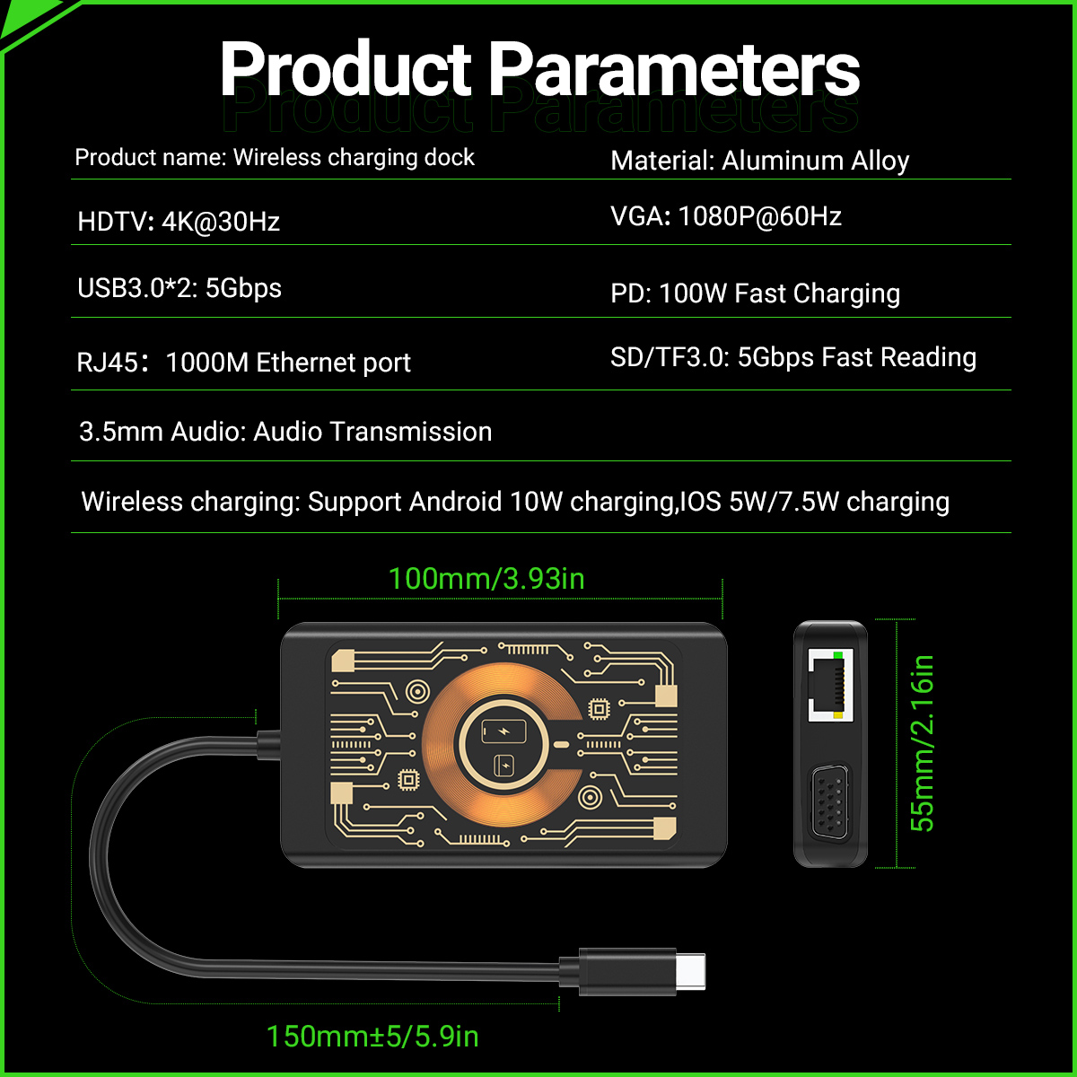 Base de carga inalámbrica multifuncional, estación de acoplamiento con cargador inalámbrico tipo C, Hub USB para expansión de teléfono/Pad/portátil, 9 en 1