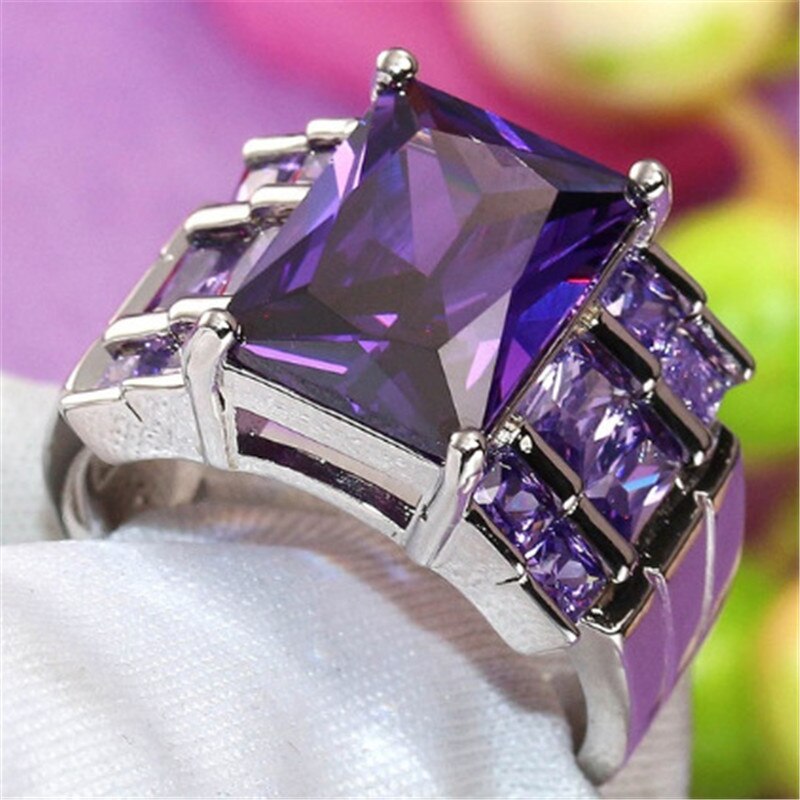FDLK Neue Lila Prinzessin schneiden AAA Zirkonia Hochzeit Ringe für Frauen Silber Farbe Schmuck Beste