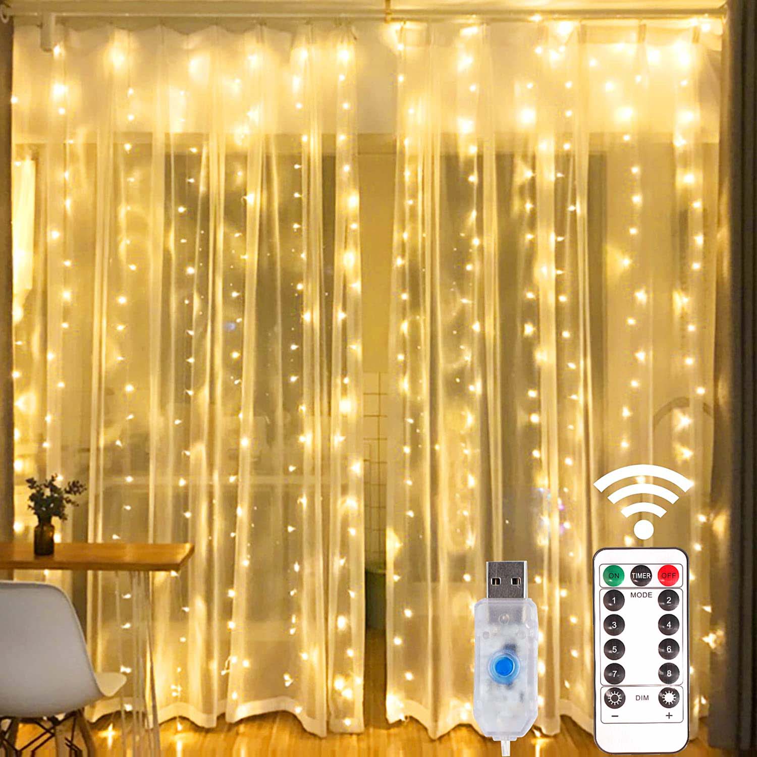 LED Kupfer Draht Vorhang Lichter USB Energie Gebühr Fernbedienung Girlande LED-leuchten Weihnachten Dekoration Girlande Fenster Beleuchtung Saiten: Blau / 61-70W