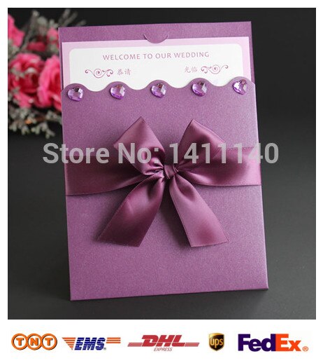 Dark Purple Wedding Invitation Card With Ribbon diamond decor Free Envelops Seal