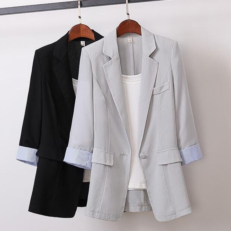 Blazer printemps et été coréen en lin, Slim, Patchwork, rayé, grande taille, vêtements de travail, manteau avec un seul bouton, F61210