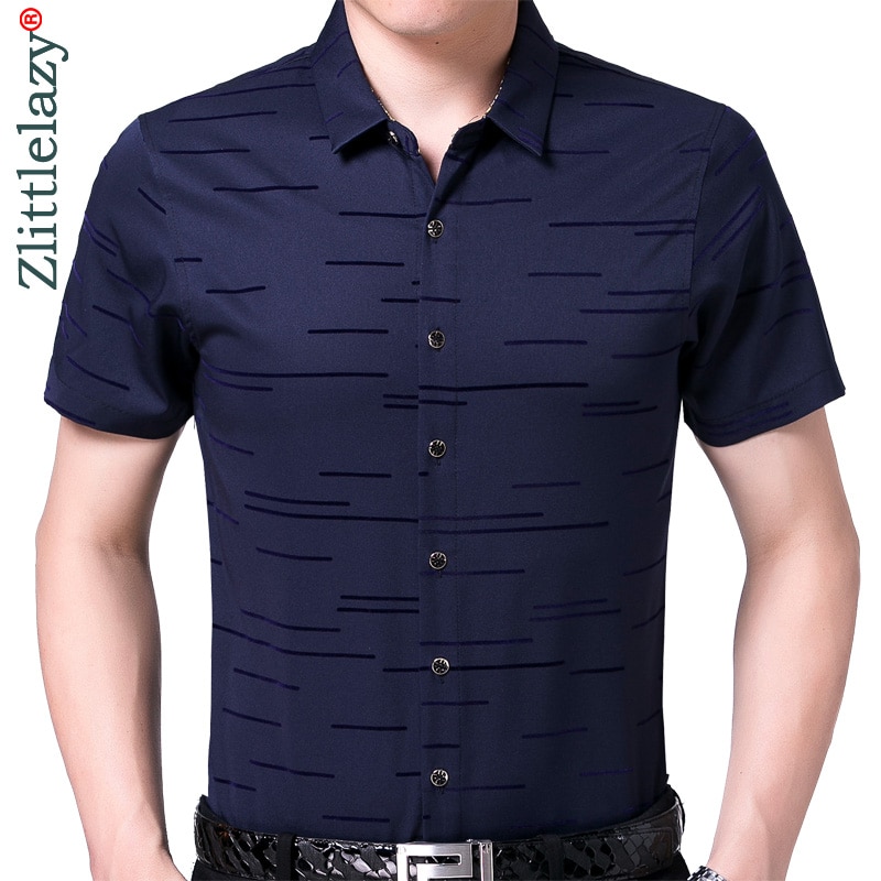 Summer Short Sleeve Men Shirt Striped Dress Casual Slim Fit Social Clothes Luxury Shirts Mens 6006