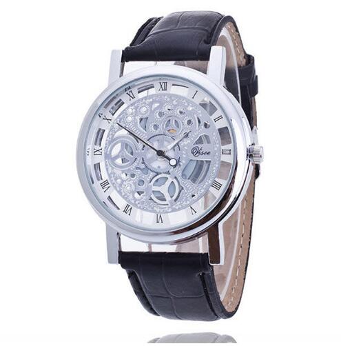 TIke Toker, Business Skeleton Horloge Mannen Gravure Holle Reloj Hombre Jurk Quartz Horloge Lederen Band Vrouwen Klok Relojes: Silver with Black