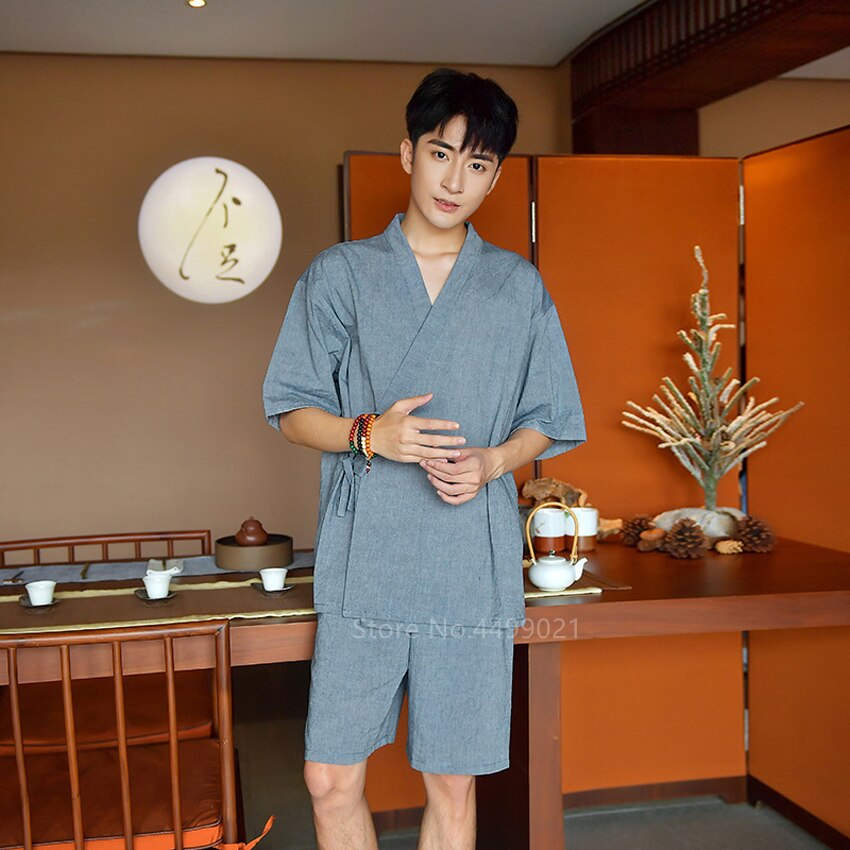 2022 sommer traditionelle kimono top bukser sæt kvinder mænd bomuld ensfarvet japansk yukata nattøj badekåbe asiatisk spa hjemmetøj: Herredragt / 2xl