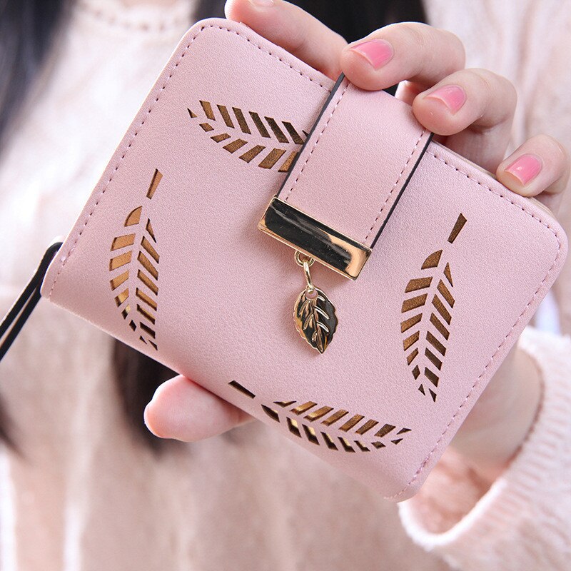 Bolsa feminina carteira bifold leaf carteira de couro titular do cartão de embreagem bolsa portafoglio donna billeteras para mujer monederos clip: Pink 