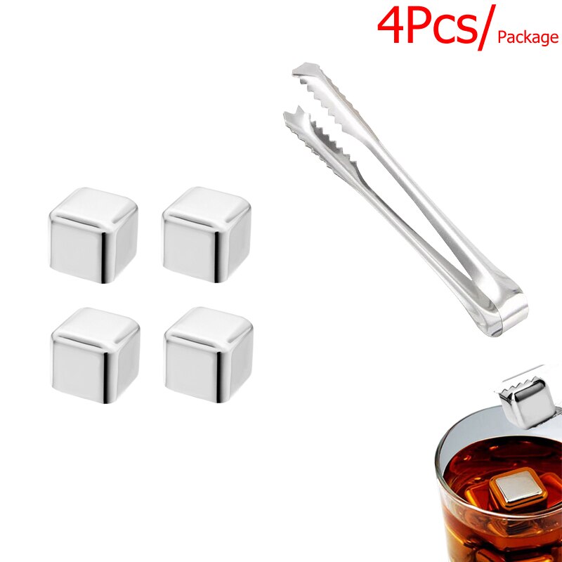 Stainless Steel Whiskey Stones Set Reusable Ice Cubes for Drinks Cocktail Shaker Whiskey Rocks Chilling Stones + Ice Tongs: 4 Pack With Tong