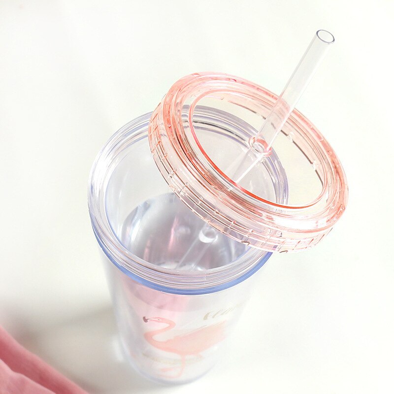 500ml flamingo plast resor te kaffe mugg halm kopp tubuli med lock söt tecknad dricka dubbel vägg för mjölk juice vatten