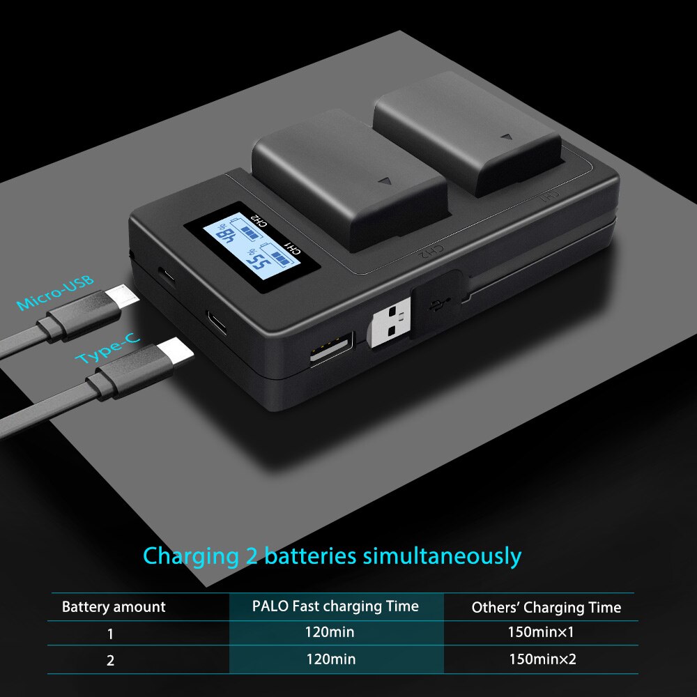 PALO NP-FW50 Display LCD Ricaricabile Li-Ion Battery Charger 2-Slot con Cavo USB per Sony Alpha A7 A7R A7S a5000 A6000 ect