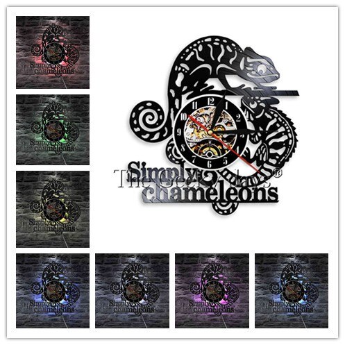 Caméléon 3D horloge murale Reptile exotique animal de compagnie vinyle Record horloge murale froid Tribal Gecko lézard Serpent Art mural décor maison horloges: White / 12 Inch With LED