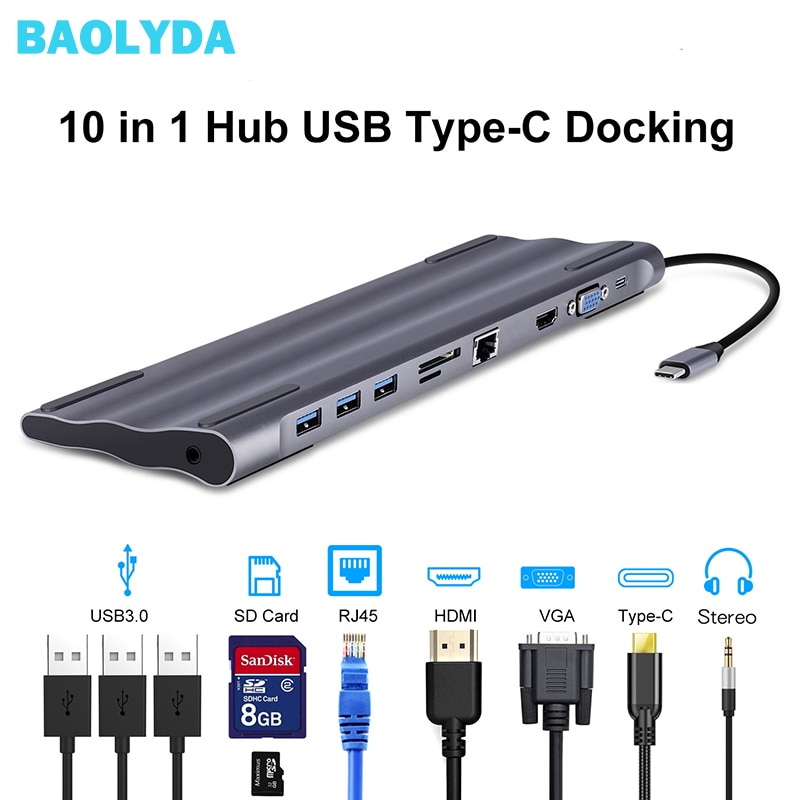 USB-C Hub for MacBook/Samsung Galaxy - HDMI 4K, RJ45, Thunderbolt 3, USB 3.0, Card Reader, PD