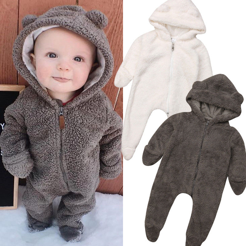 Winter Warm Cute Toddler Baby Girls Boys Fur Romper Ears Hooded Zipper Solid Long Sleeve Jumpsuits Romper 2 Colors