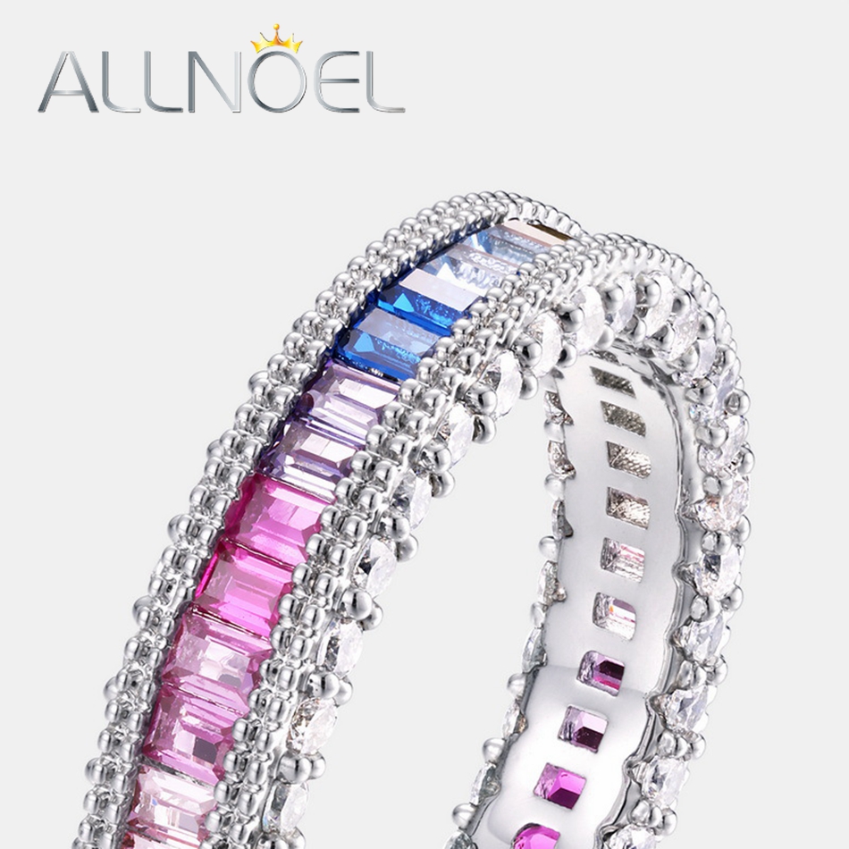 ALLNOEL anelli in vero argento Sterling 925 per donna arcobaleno CZ zircone cubico colorato 1*2mm regalo di gioielli con fedi nuziali a cerchio intero
